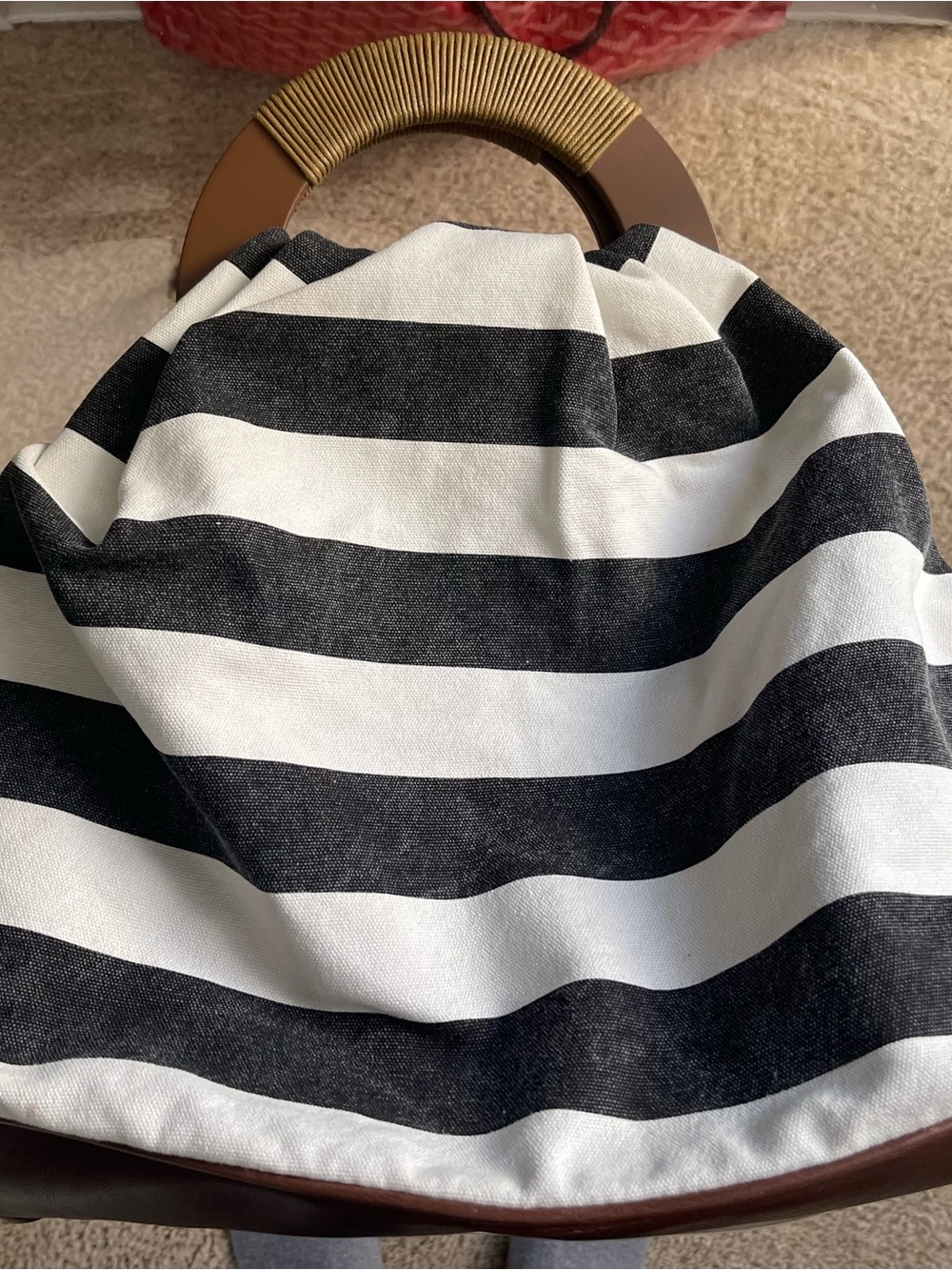 The Limited Black and White Striped Tote with Wooden Round Handles